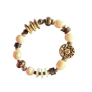 Silpada Sterling Silver Pearl Bronzite Wood Brass Stretch Bracelet